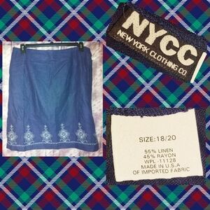 NYCC brand Navy Blue w/Multicolor Embroidery Soft Woven Linen Pencil Skirt 18/20